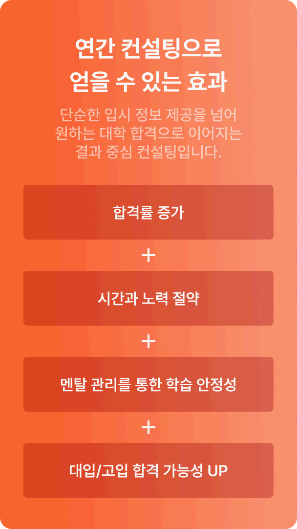 단순한 입시 정보 제공을 넘어 원하는 대학 합격으로 이어지는 결과 중심 컨설팅입니다.